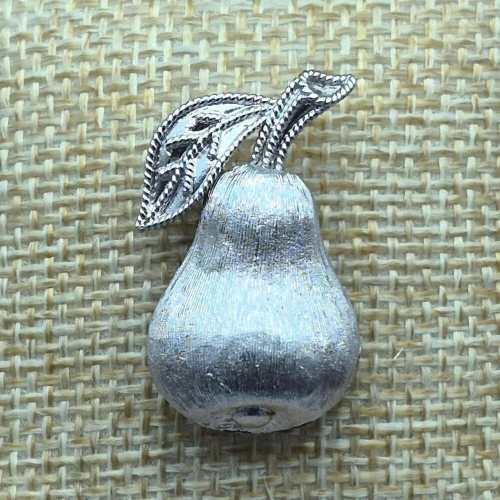 Vintage Crown Trifari Pear Fruit Pin Brooch Brushed Silver Tone Signed 1